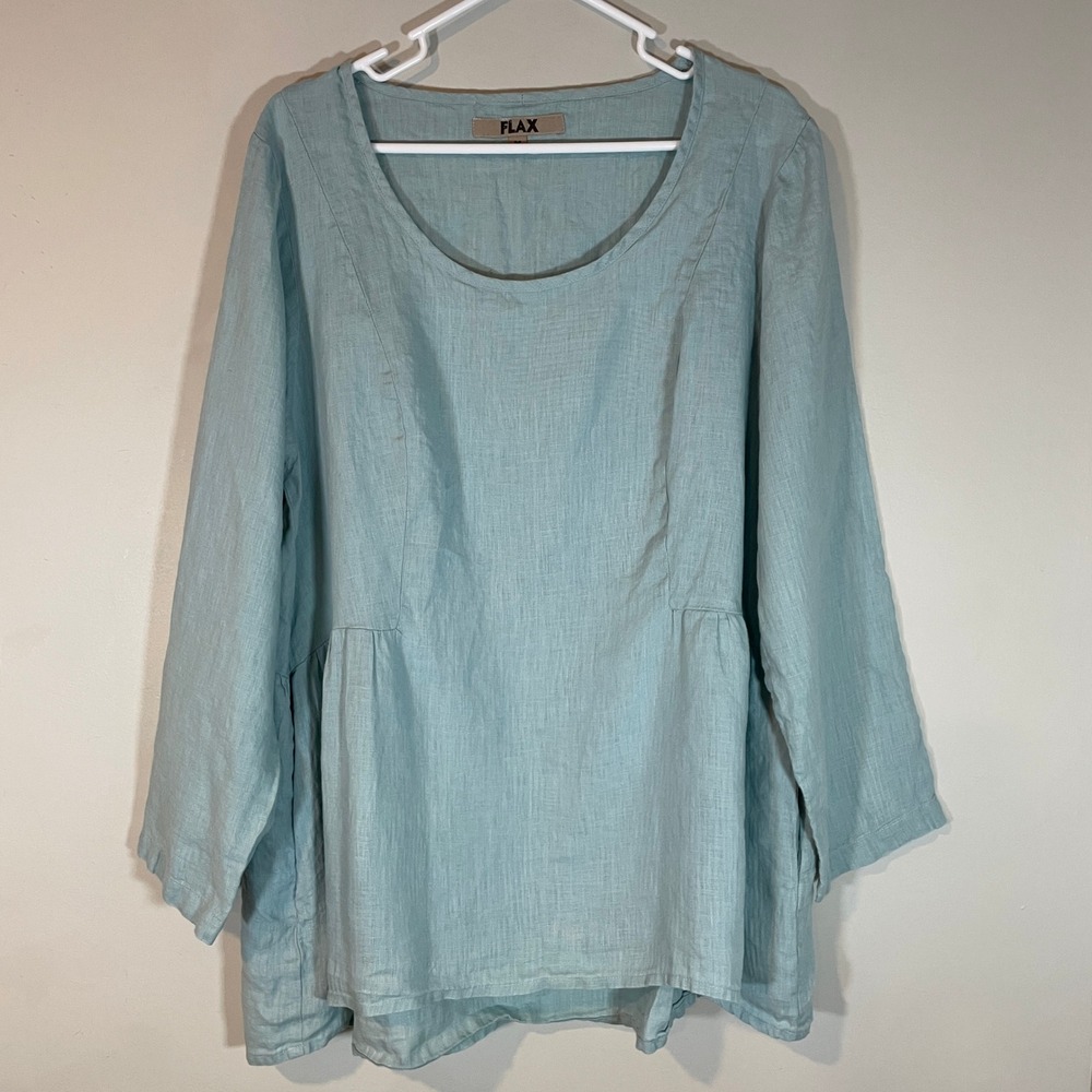 Flax Women Light Blue Linen Long Sleeve Scoop Neck Tunic Top Size M Lagenlook